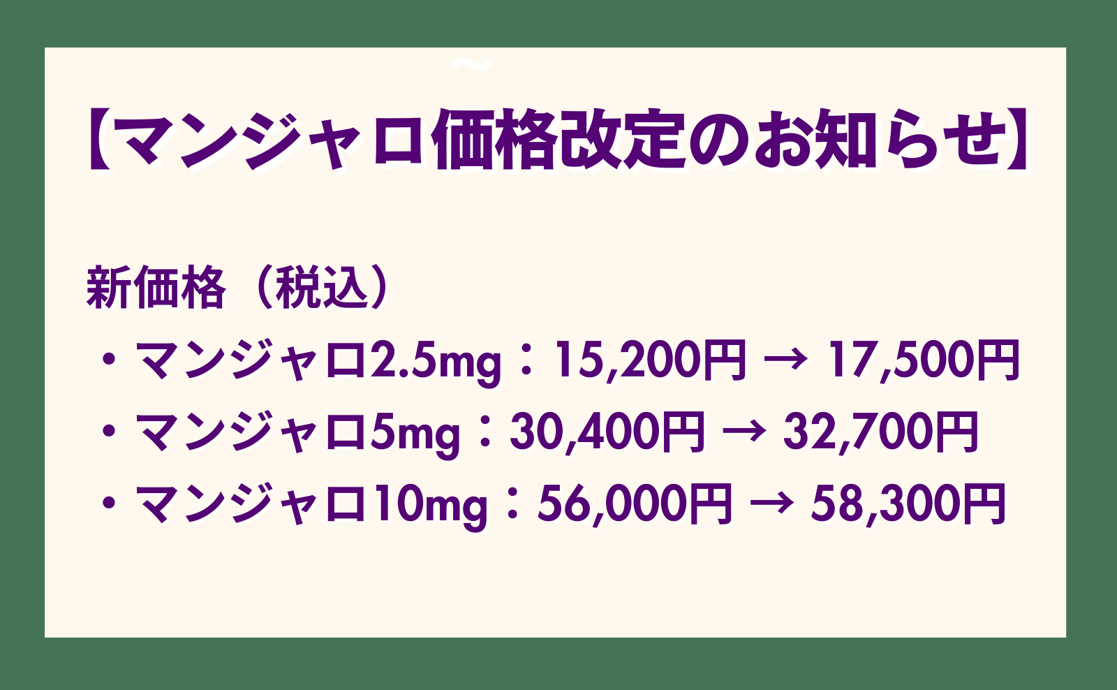 西口アーバンクリニック、マンジャロ価格改定のお知らせ